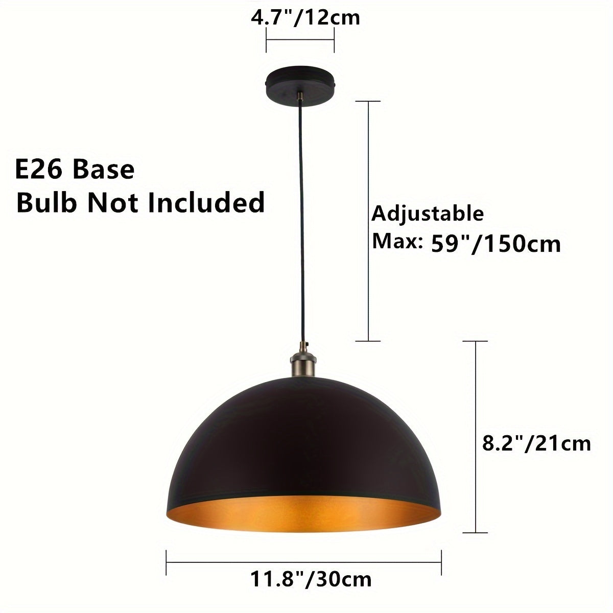Vintage Industrial Dome Pendant Light – Black & Gold Iron Shade Hanging Lamp with Adjustable Cord for Kitchen Island & Dining