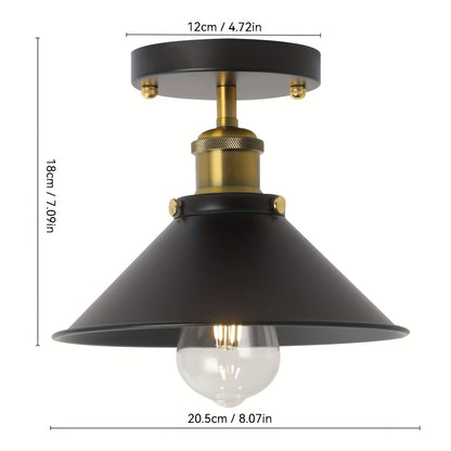 Industrial Black Semi-Flush Mount Ceiling Light – Vintage Matte Metal Fixture with Brass Details for Dining, Hallway & Cafe