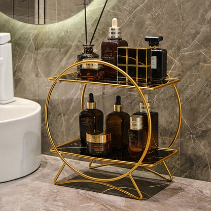 2-Tier Bathroom Organizer with Cat-Ear Base – Metal & Marble-Look Cosmetic, Perfume and Skincare Storage Shelf for Vanity