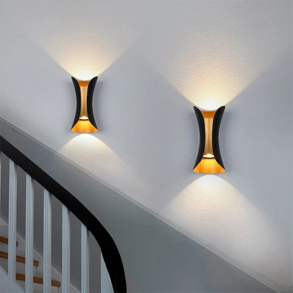 Modern Black & Gold Up & Down LED Wall Light – Waterproof Curved Indoor Outdoor Wall Sconce for Porch, Hallway & Living Room
