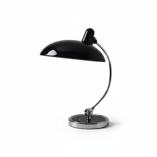 ScandiArc Bauhaus Table Lamp – Modern Curved Chrome Metal Desk Lamp, Sculptural Bedside Reading Light