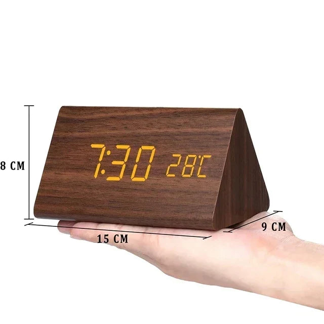 WoodWatch Smart LED Alarm Clock – Voice-Activated Wooden Digital Clock with 3 Alarms & Temperature Display, Block or Triangle