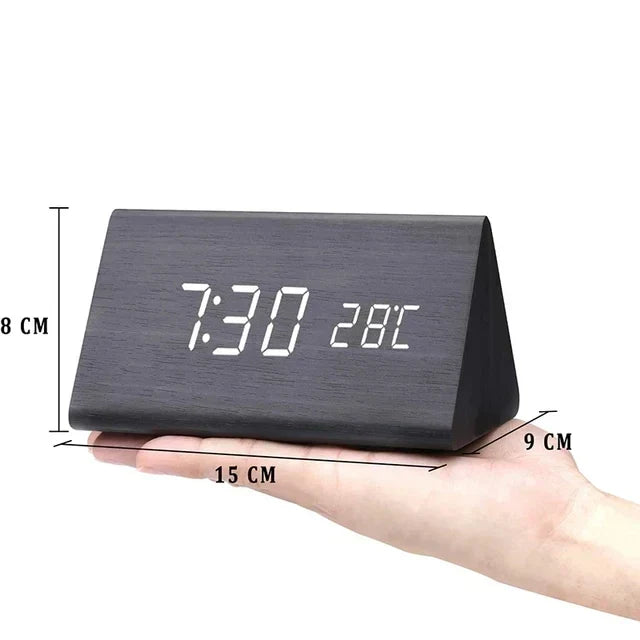 WoodWatch Smart LED Alarm Clock – Voice-Activated Wooden Digital Clock with 3 Alarms & Temperature Display, Block or Triangle
