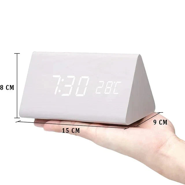 WoodWatch Smart LED Alarm Clock – Voice-Activated Wooden Digital Clock with 3 Alarms & Temperature Display, Block or Triangle