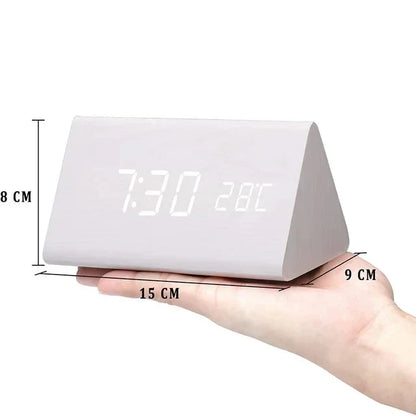 WoodWatch Smart LED Alarm Clock – Voice-Activated Wooden Digital Clock with 3 Alarms & Temperature Display, Block or Triangle