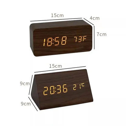 WoodWatch Smart LED Alarm Clock – Voice-Activated Wooden Digital Clock with 3 Alarms & Temperature Display, Block or Triangle