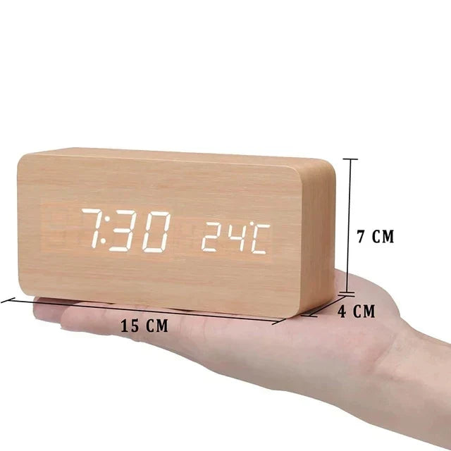 WoodWatch Smart LED Alarm Clock – Voice-Activated Wooden Digital Clock with 3 Alarms & Temperature Display, Block or Triangle
