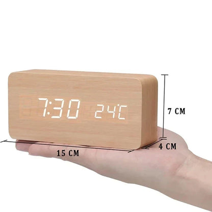 WoodWatch Smart LED Alarm Clock – Voice-Activated Wooden Digital Clock with 3 Alarms & Temperature Display, Block or Triangle