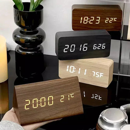 WoodWatch Smart LED Alarm Clock – Voice-Activated Wooden Digital Clock with 3 Alarms & Temperature Display, Block or Triangle