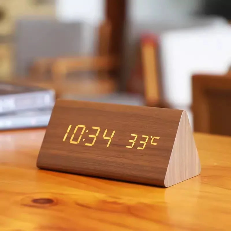 WoodWatch Smart LED Alarm Clock – Voice-Activated Wooden Digital Clock with 3 Alarms & Temperature Display, Block or Triangle