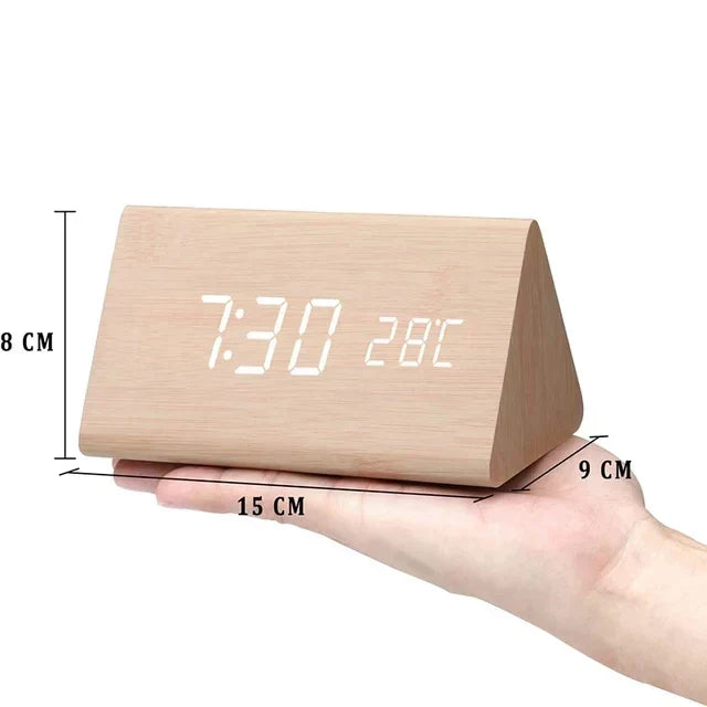 WoodWatch Smart LED Alarm Clock – Voice-Activated Wooden Digital Clock with 3 Alarms & Temperature Display, Block or Triangle