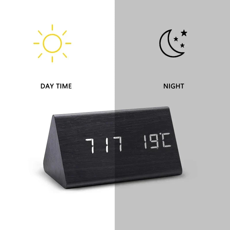 WoodWatch Smart LED Alarm Clock – Voice-Activated Wooden Digital Clock with 3 Alarms & Temperature Display, Block or Triangle
