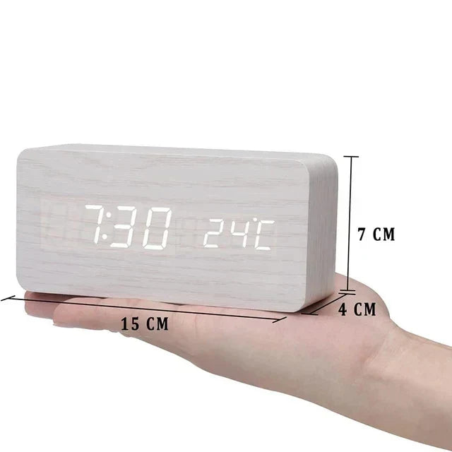 WoodWatch Smart LED Alarm Clock – Voice-Activated Wooden Digital Clock with 3 Alarms & Temperature Display, Block or Triangle