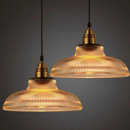 LumiVibe Ribbed Glass Pendant Light – Amber or Clear Vintage Hanging Lamp with Brushed Metal Finish for Kitchen & Dining