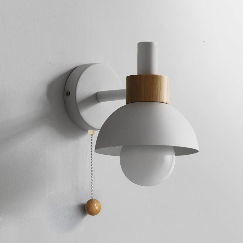 Nordic Wooden Pull-Chain Wall Lamp – Minimalist Metal & Wood Accent Sconce, Warm White Bedside Light in 5 Colors