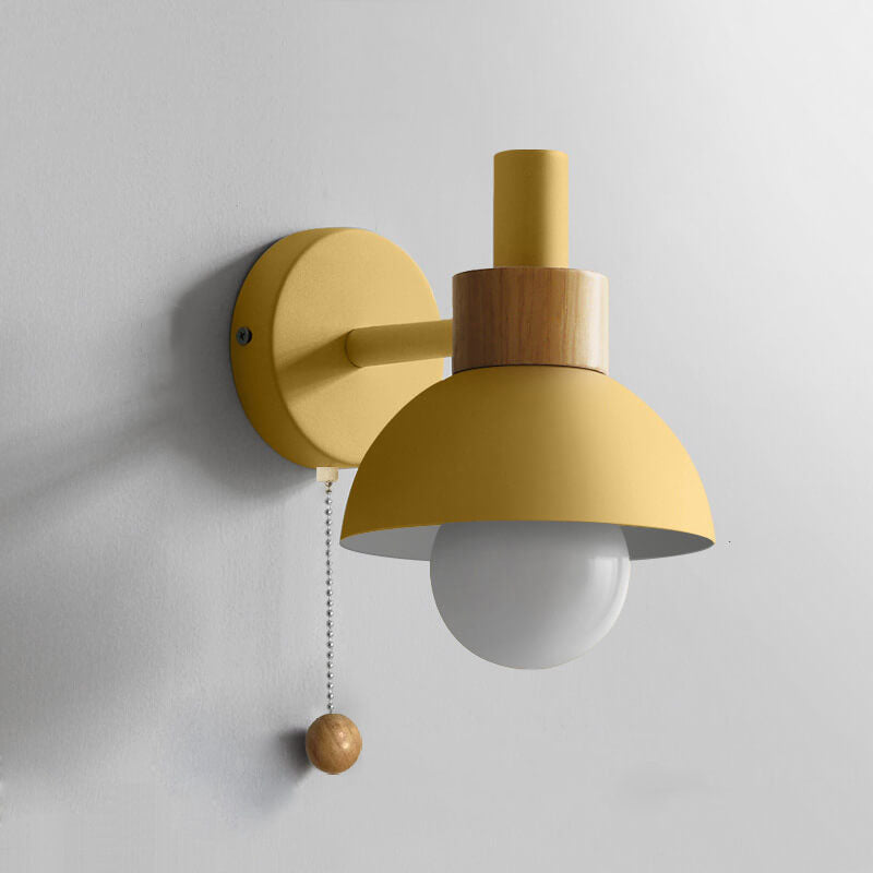 Nordic Wooden Pull-Chain Wall Lamp – Minimalist Metal & Wood Accent Sconce, Warm White Bedside Light in 5 Colors