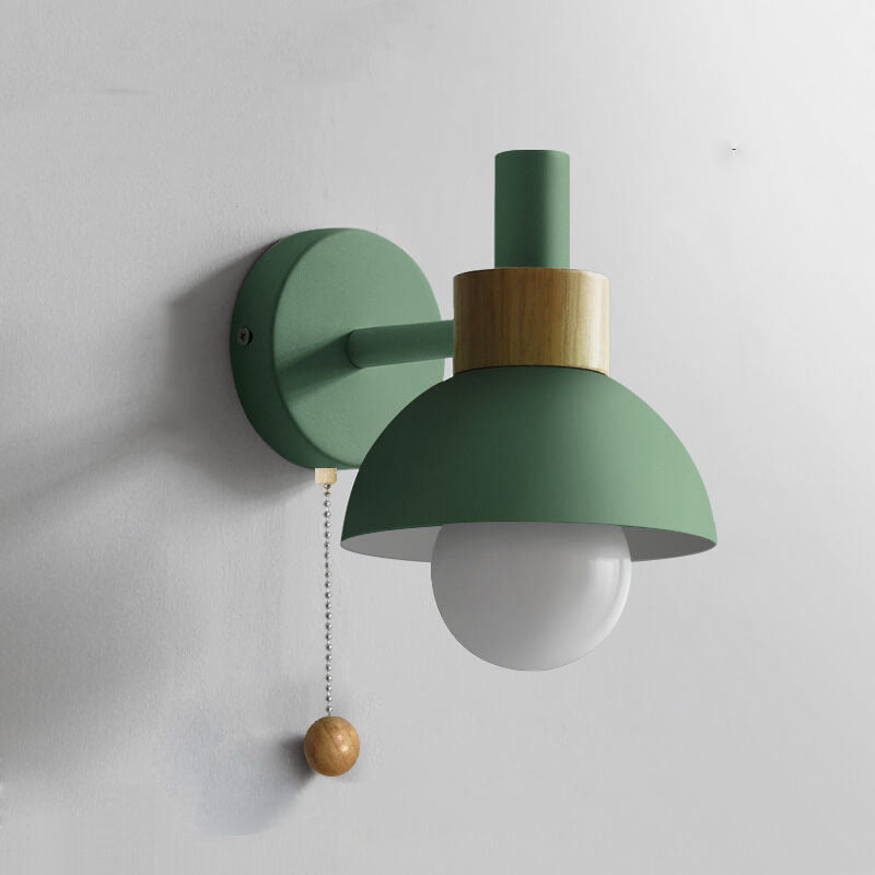 Nordic Wooden Pull-Chain Wall Lamp – Minimalist Metal & Wood Accent Sconce, Warm White Bedside Light in 5 Colors