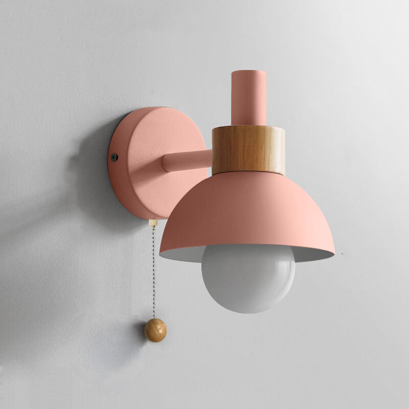 Nordic Wooden Pull-Chain Wall Lamp – Minimalist Metal & Wood Accent Sconce, Warm White Bedside Light in 5 Colors