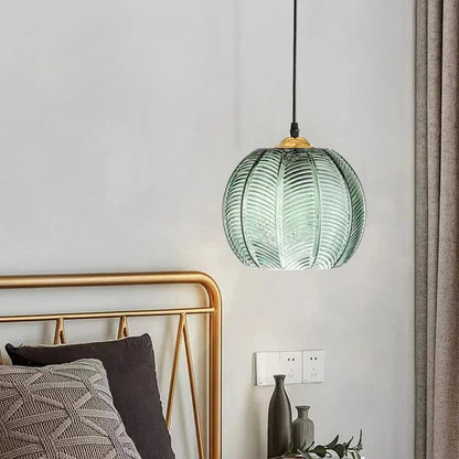 Green Pumpkin Ribbed Glass Pendant Lamp – Retro Vintage Hanging Light with Gold Details for Kitchen, Dining & Bedroom