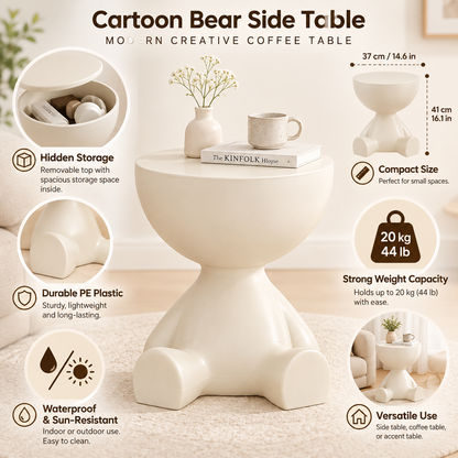 Cartoon Bear Side Table with Hidden Storage – Cute Modern Bear-Shaped End Table for Living Room, Bedroom & Kids Room