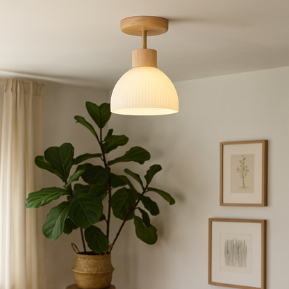 Ailse Natural Wood & Frosted Glass LED Ceiling Lamp – Modern Flush Mount Light Fixture with Warm White Glow