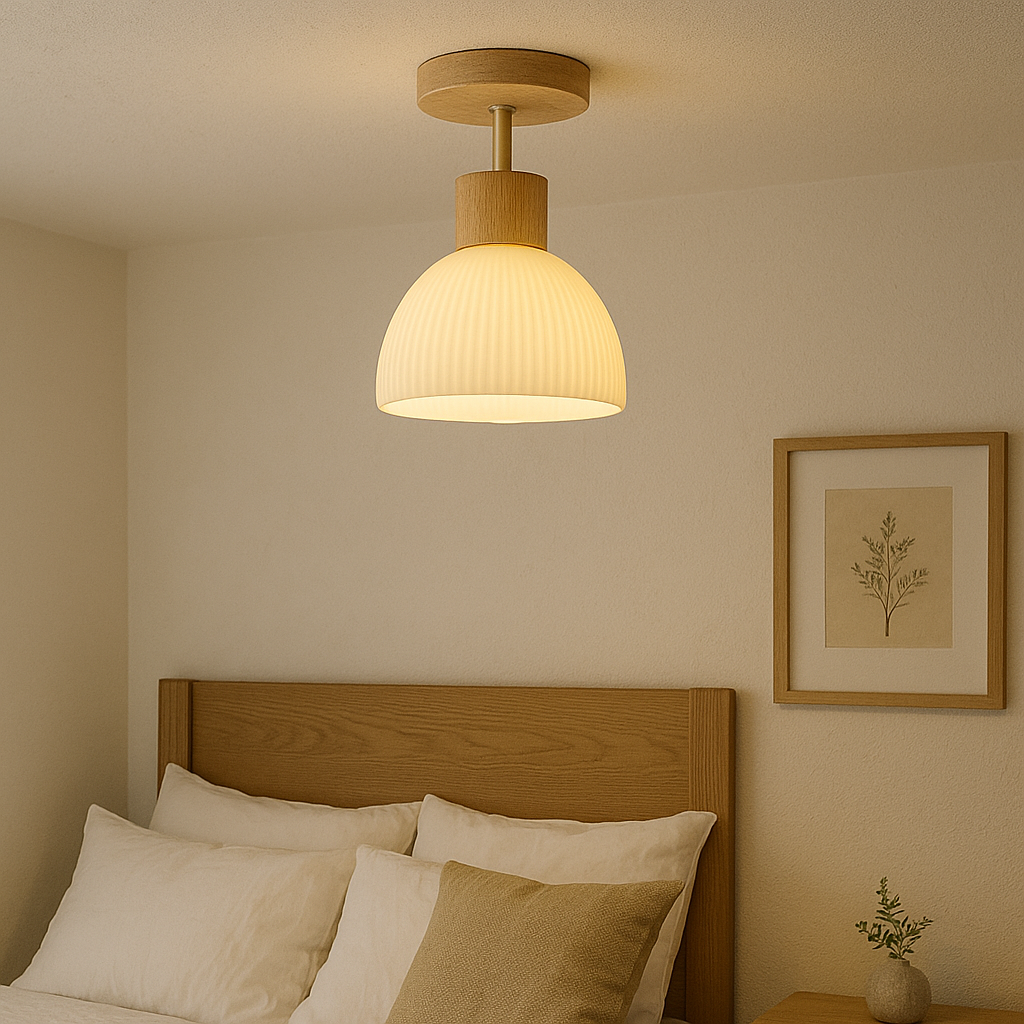 Ailse Natural Wood & Frosted Glass LED Ceiling Lamp – Modern Flush Mount Light Fixture with Warm White Glow