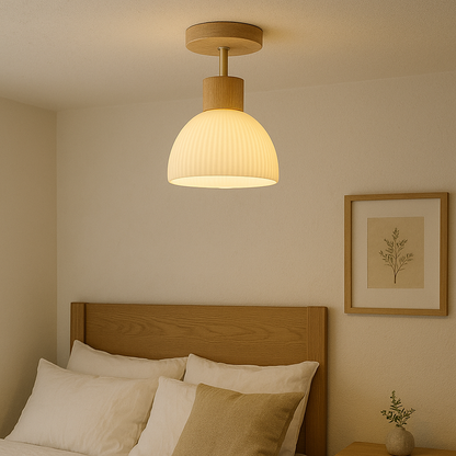 Ailse Natural Wood & Frosted Glass LED Ceiling Lamp – Modern Flush Mount Light Fixture with Warm White Glow