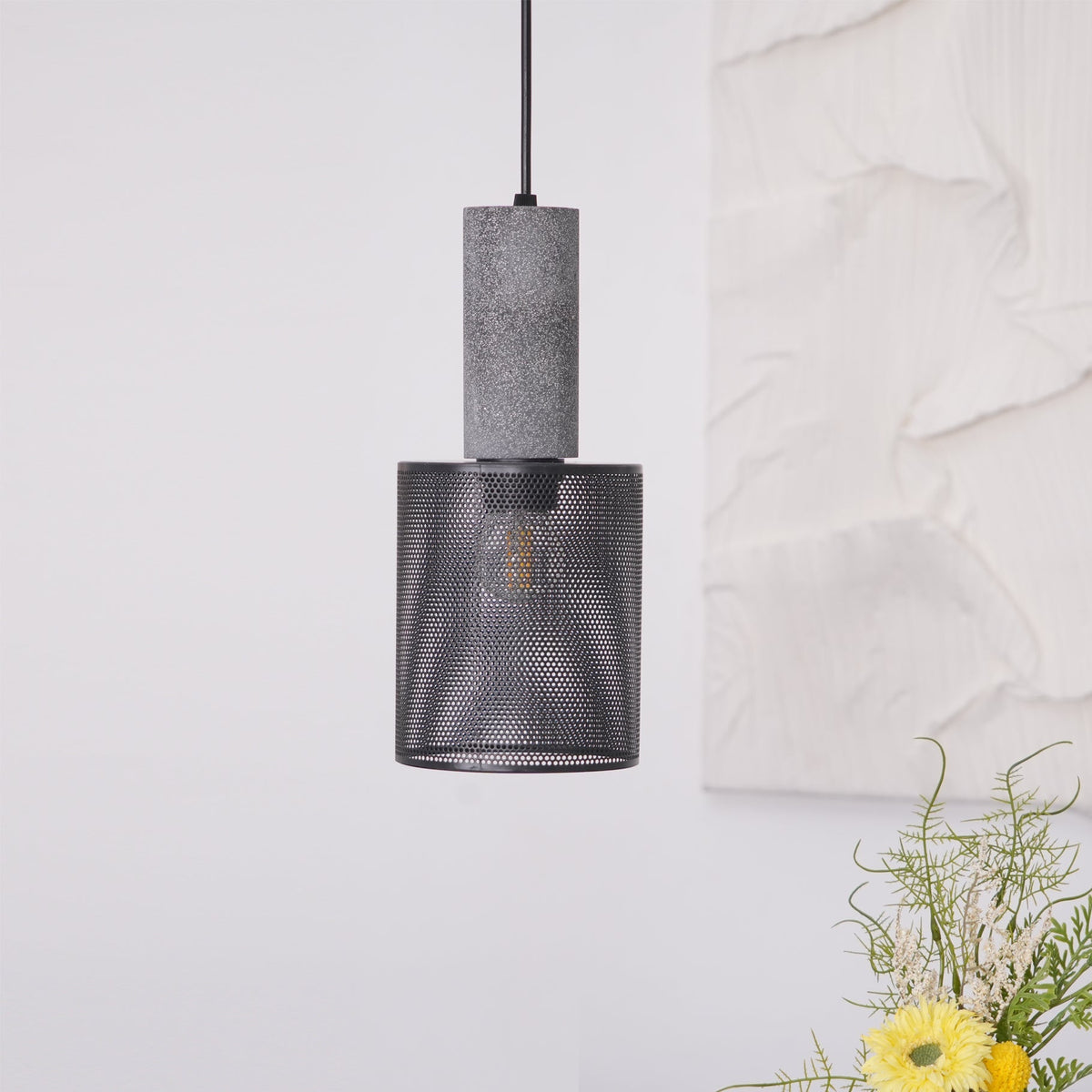 Urban Concrete Industrial Pendant Light – Cement & Perforated Metal LED Hanging Lamp for Kitchen Island, Dining & Bar