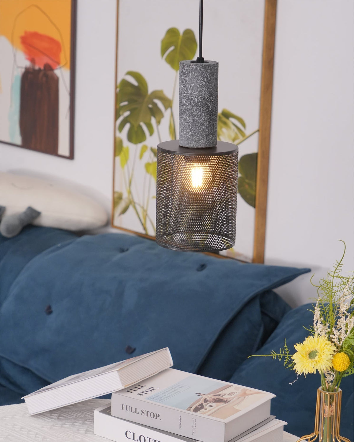 Urban Concrete Industrial Pendant Light – Cement & Perforated Metal LED Hanging Lamp for Kitchen Island, Dining & Bar
