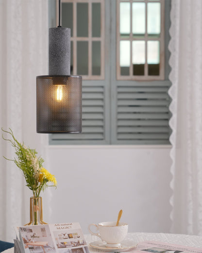 Urban Concrete Industrial Pendant Light – Cement & Perforated Metal LED Hanging Lamp for Kitchen Island, Dining & Bar