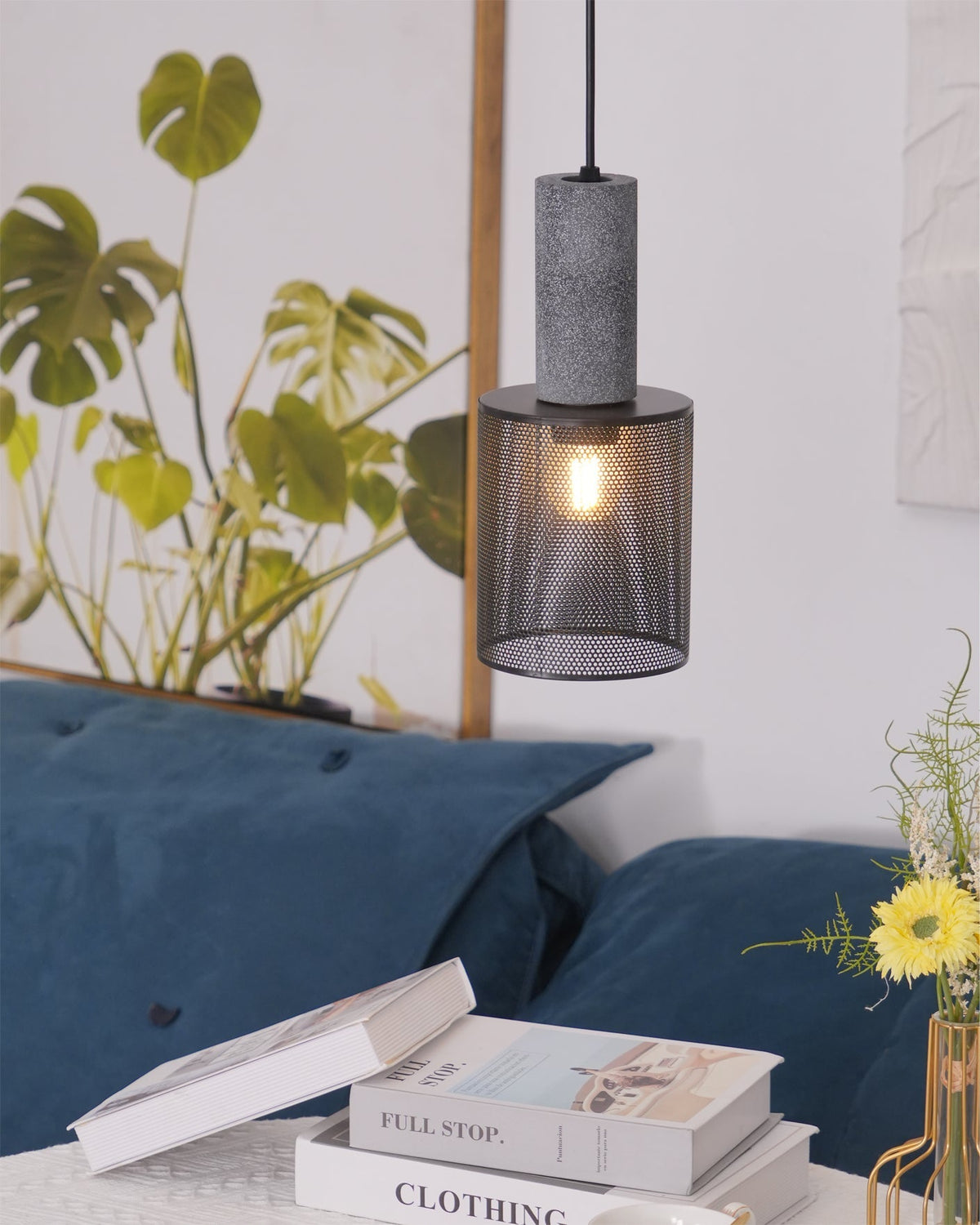 Urban Concrete Industrial Pendant Light – Cement & Perforated Metal LED Hanging Lamp for Kitchen Island, Dining & Bar