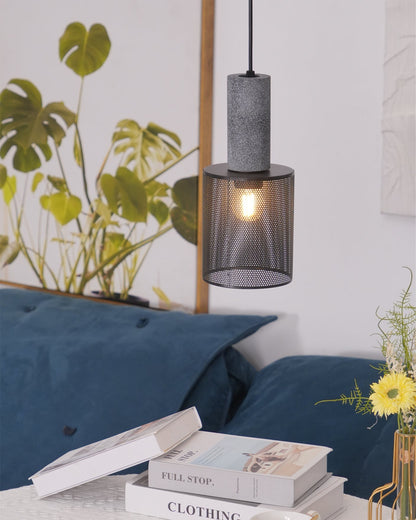 Urban Concrete Industrial Pendant Light – Cement & Perforated Metal LED Hanging Lamp for Kitchen Island, Dining & Bar