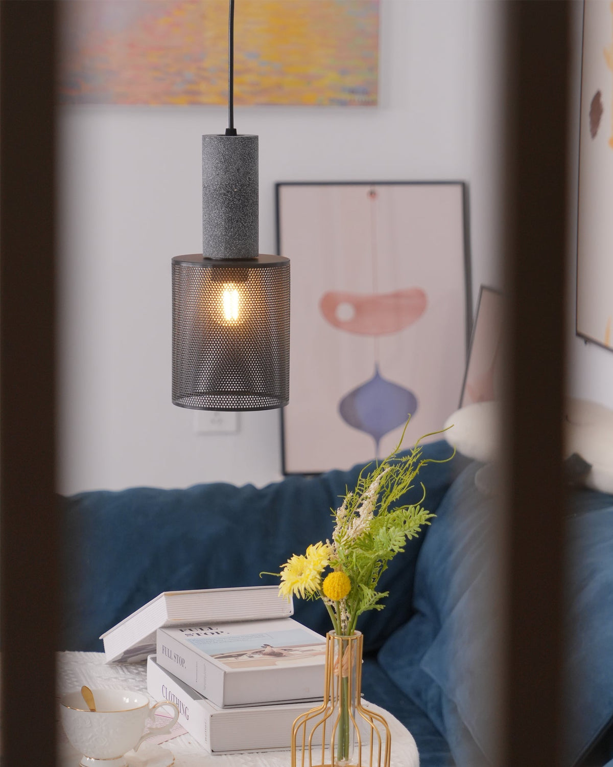 Urban Concrete Industrial Pendant Light – Cement & Perforated Metal LED Hanging Lamp for Kitchen Island, Dining & Bar