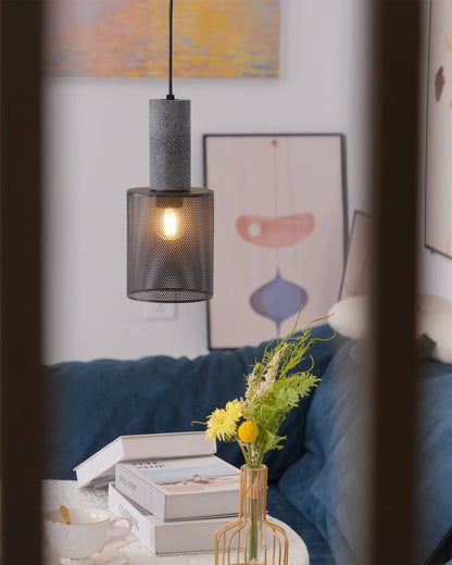 Urban Concrete Industrial Pendant Light – Cement & Perforated Metal LED Hanging Lamp for Kitchen Island, Dining & Bar