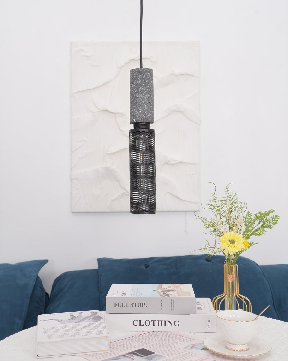 Urban Concrete Industrial Pendant Light – Cement & Perforated Metal LED Hanging Lamp for Kitchen Island, Dining & Bar