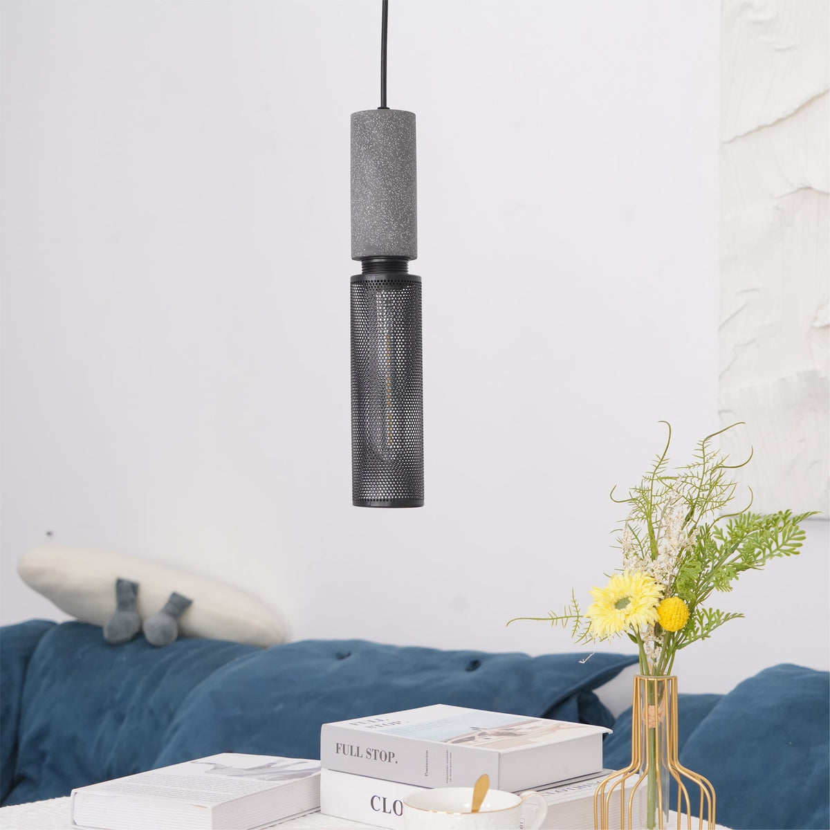 Urban Concrete Industrial Pendant Light – Cement & Perforated Metal LED Hanging Lamp for Kitchen Island, Dining & Bar