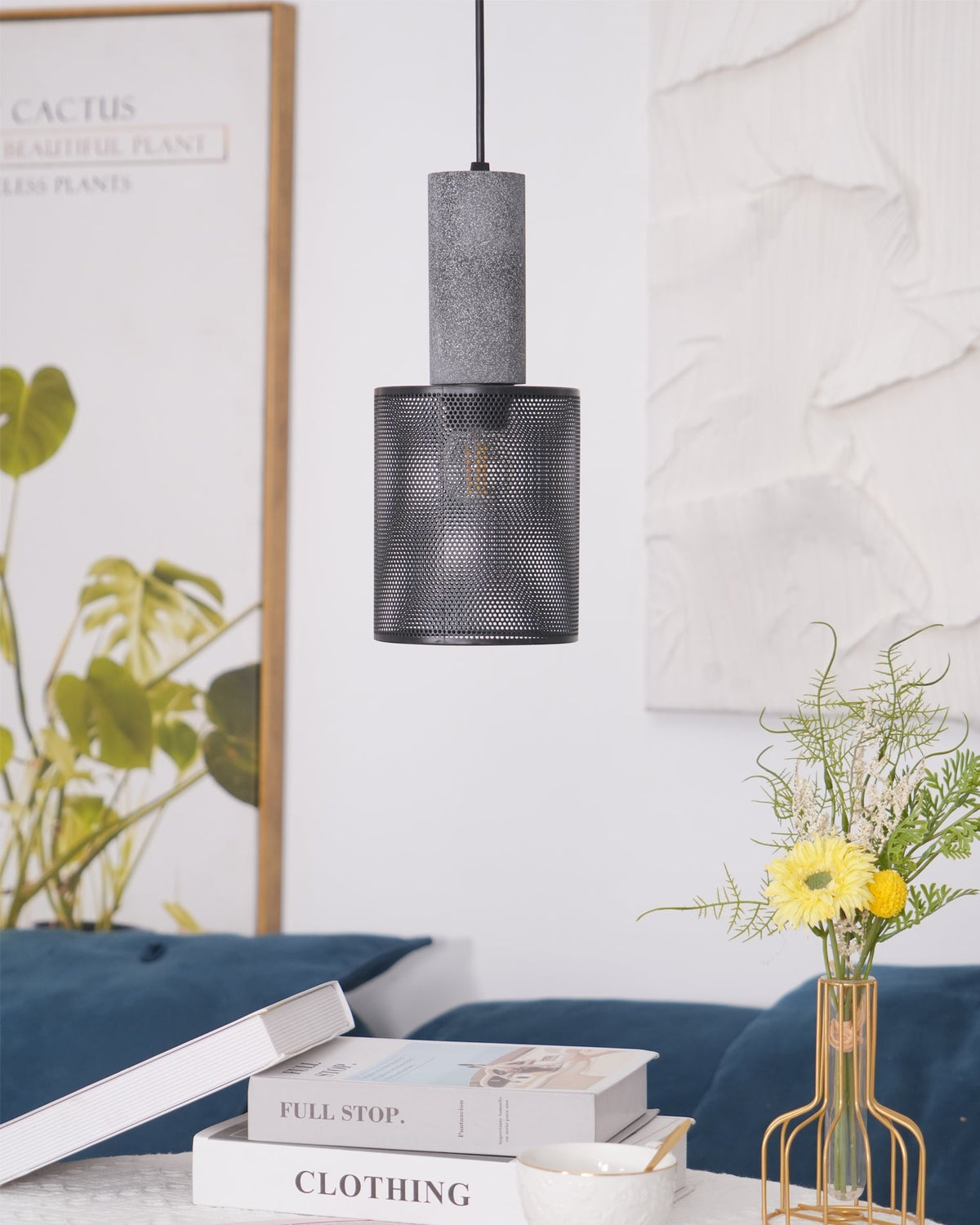 Urban Concrete Industrial Pendant Light – Cement & Perforated Metal LED Hanging Lamp for Kitchen Island, Dining & Bar