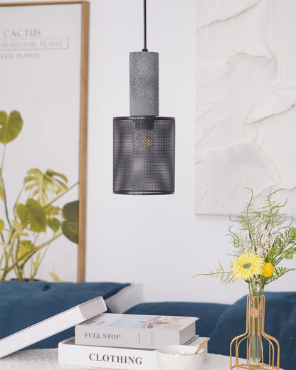 Urban Concrete Industrial Pendant Light – Cement & Perforated Metal LED Hanging Lamp for Kitchen Island, Dining & Bar
