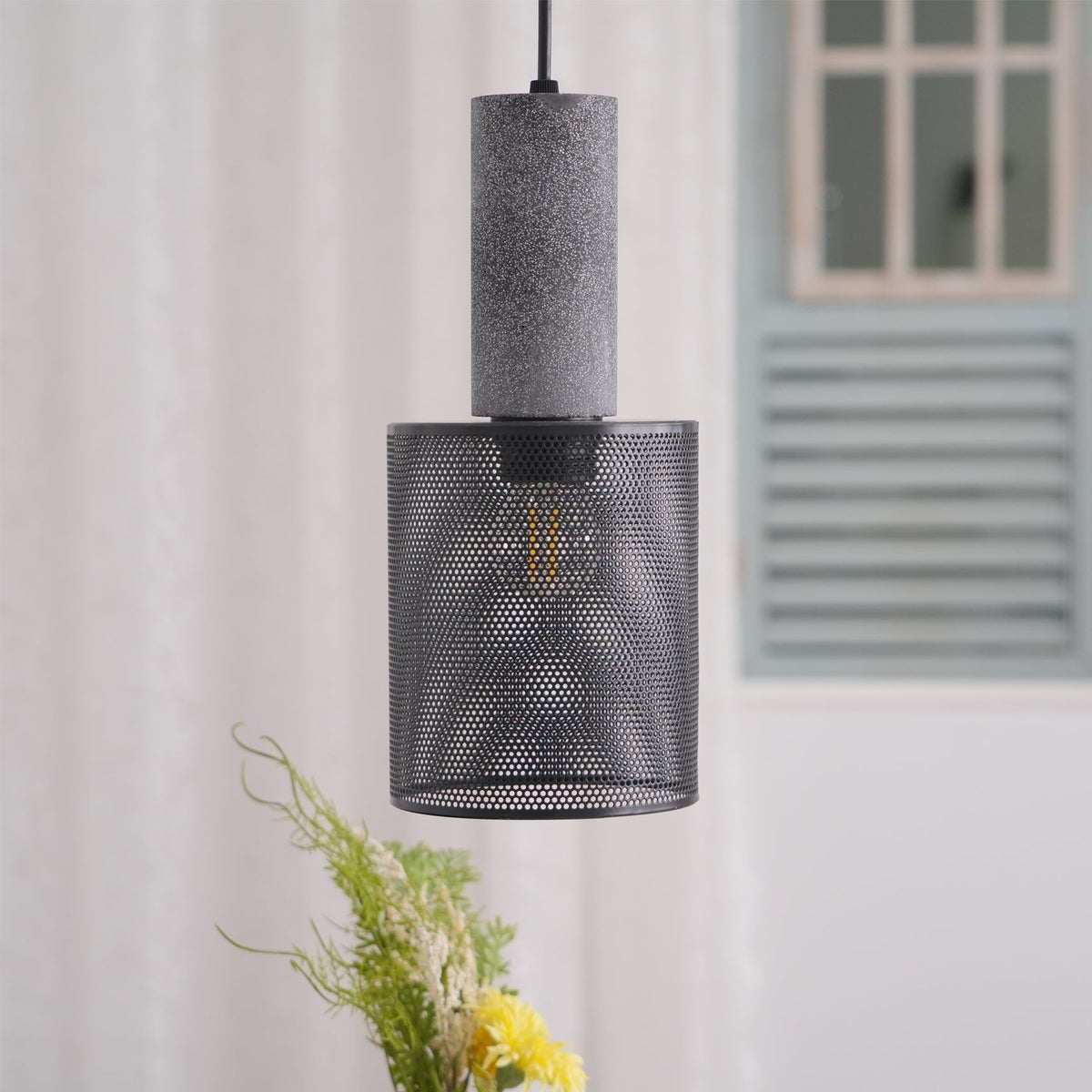 Urban Concrete Industrial Pendant Light – Cement & Perforated Metal LED Hanging Lamp for Kitchen Island, Dining & Bar
