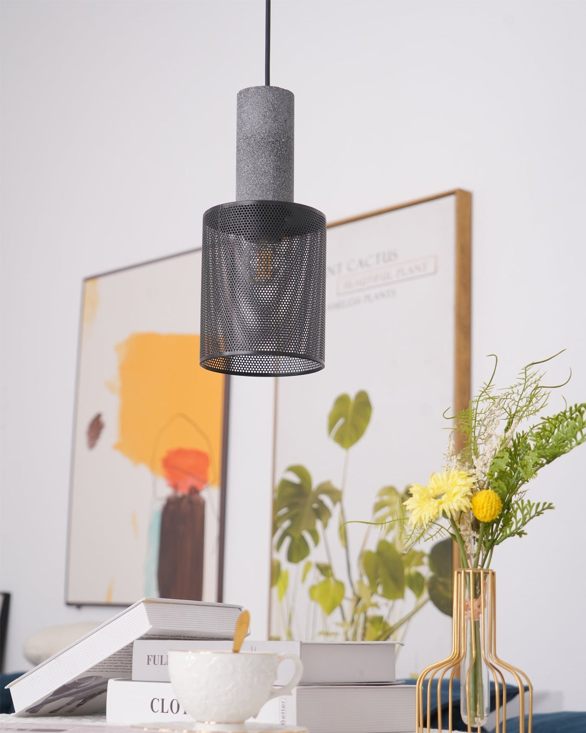 Urban Concrete Industrial Pendant Light – Cement & Perforated Metal LED Hanging Lamp for Kitchen Island, Dining & Bar