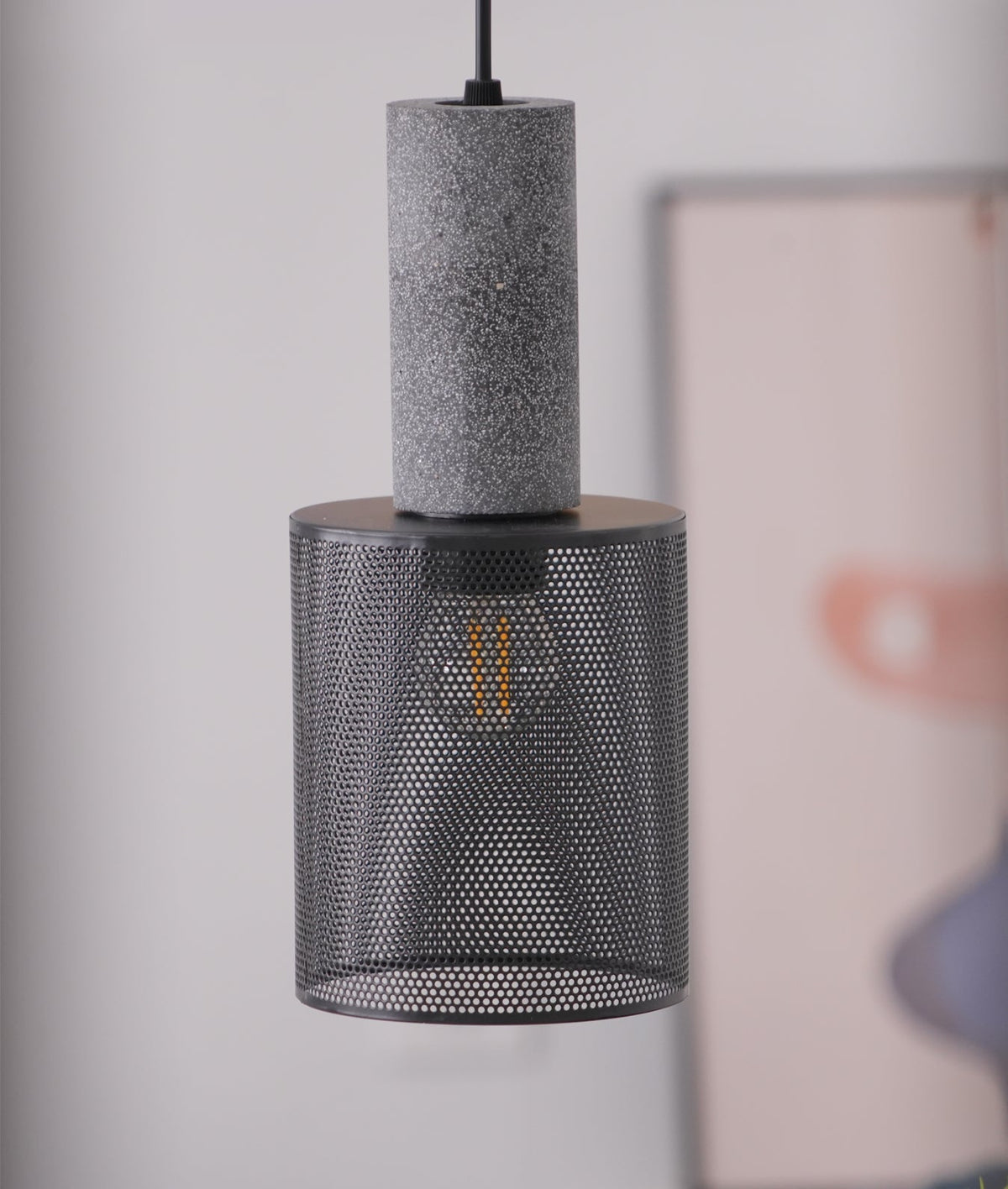 Urban Concrete Industrial Pendant Light – Cement & Perforated Metal LED Hanging Lamp for Kitchen Island, Dining & Bar