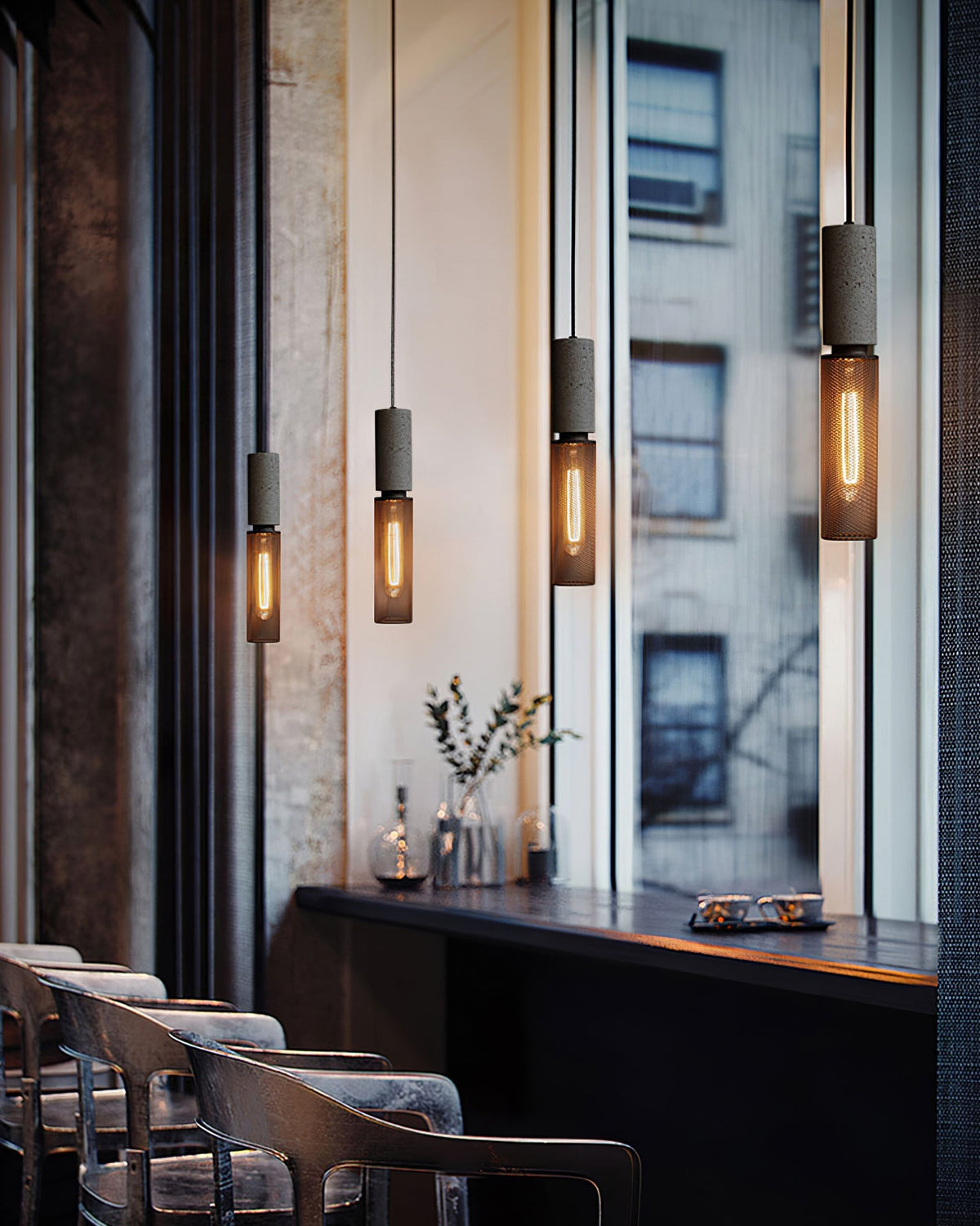 Urban Concrete Industrial Pendant Light – Cement & Perforated Metal LED Hanging Lamp for Kitchen Island, Dining & Bar