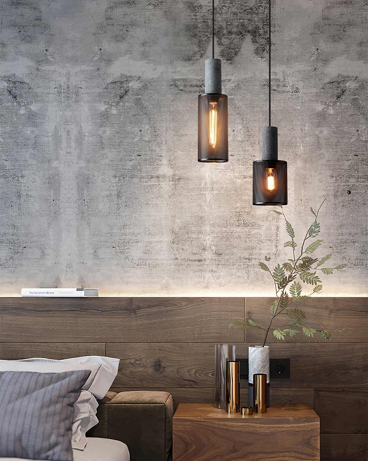 Urban Concrete Industrial Pendant Light – Cement & Perforated Metal LED Hanging Lamp for Kitchen Island, Dining & Bar