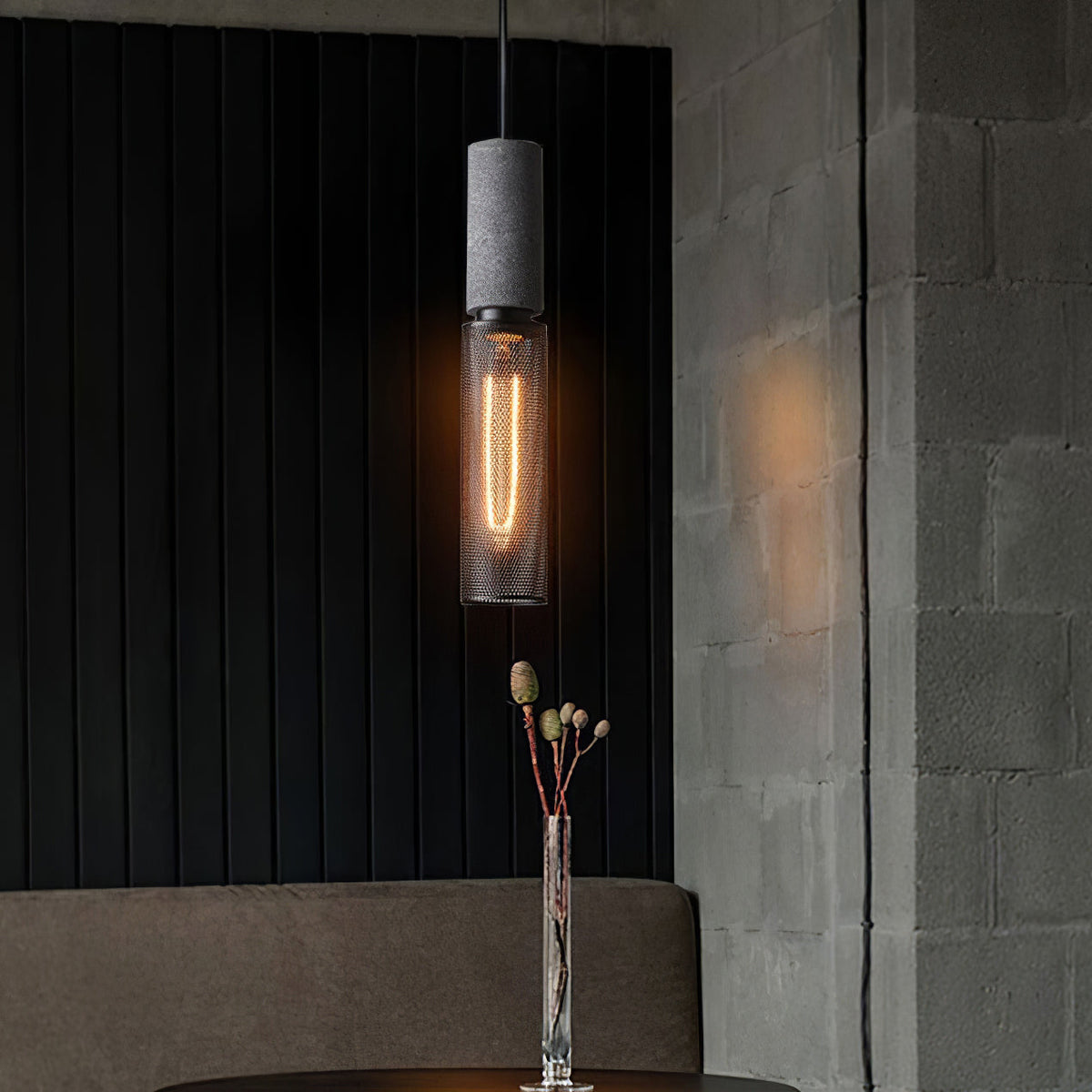 Urban Concrete Industrial Pendant Light – Cement & Perforated Metal LED Hanging Lamp for Kitchen Island, Dining & Bar