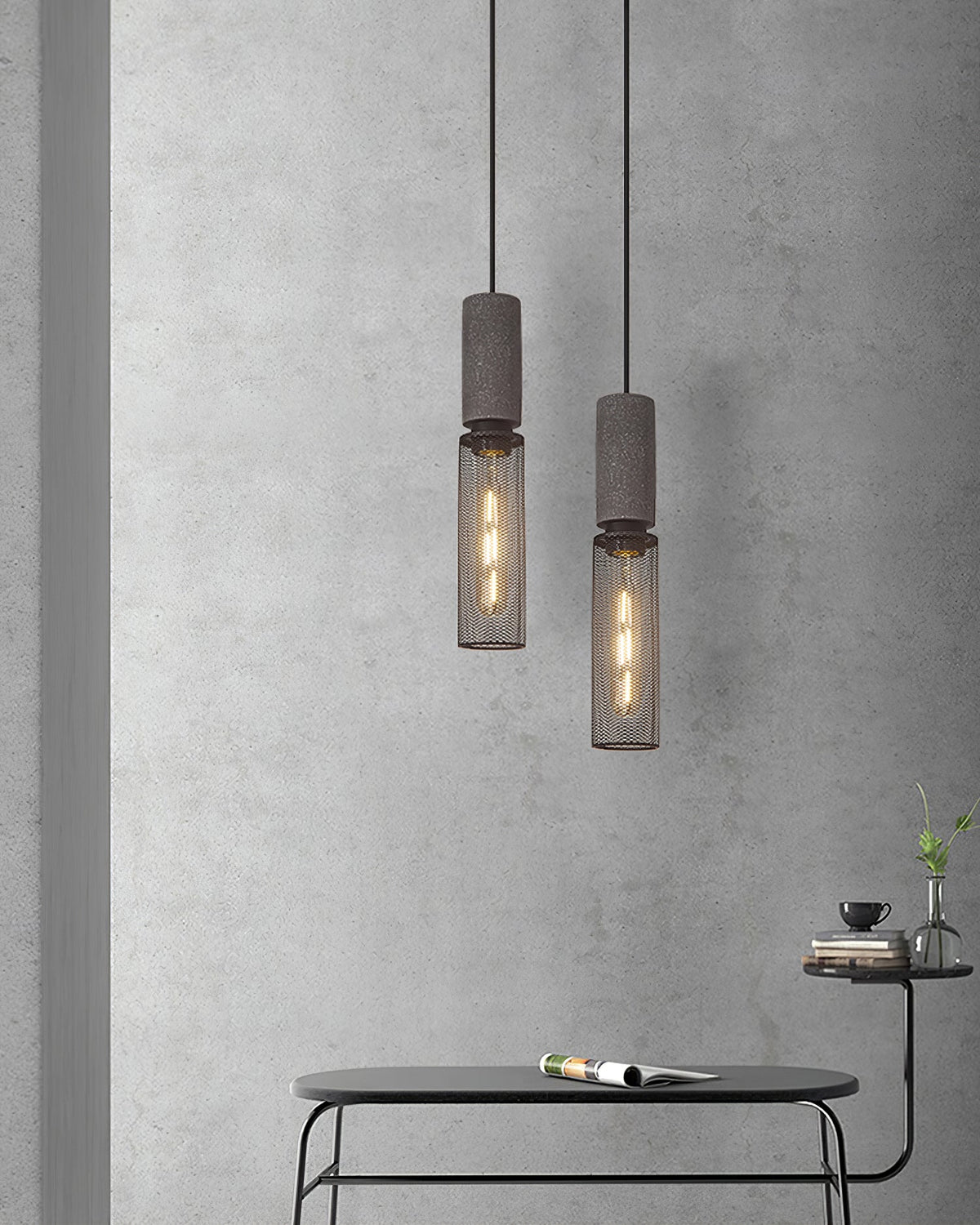 Urban Concrete Industrial Pendant Light – Cement & Perforated Metal LED Hanging Lamp for Kitchen Island, Dining & Bar