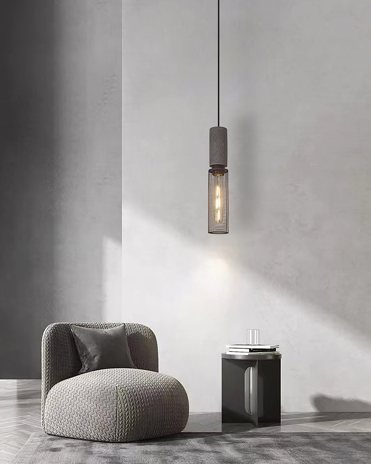Urban Concrete Industrial Pendant Light – Cement & Perforated Metal LED Hanging Lamp for Kitchen Island, Dining & Bar