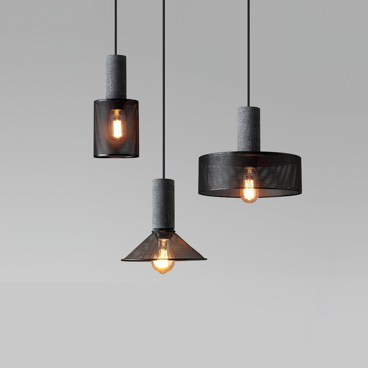 Urban Concrete Industrial Pendant Light – Cement & Perforated Metal LED Hanging Lamp for Kitchen Island, Dining & Bar