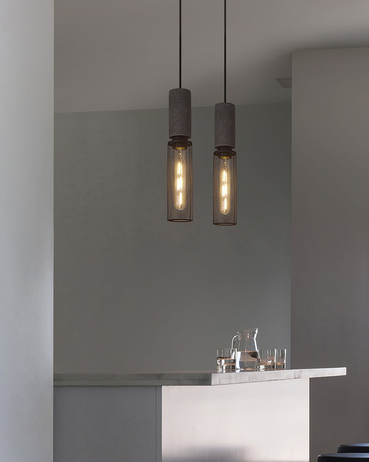 Urban Concrete Industrial Pendant Light – Cement & Perforated Metal LED Hanging Lamp for Kitchen Island, Dining & Bar