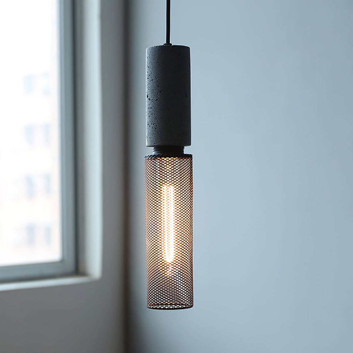 Urban Concrete Industrial Pendant Light – Cement & Perforated Metal LED Hanging Lamp for Kitchen Island, Dining & Bar