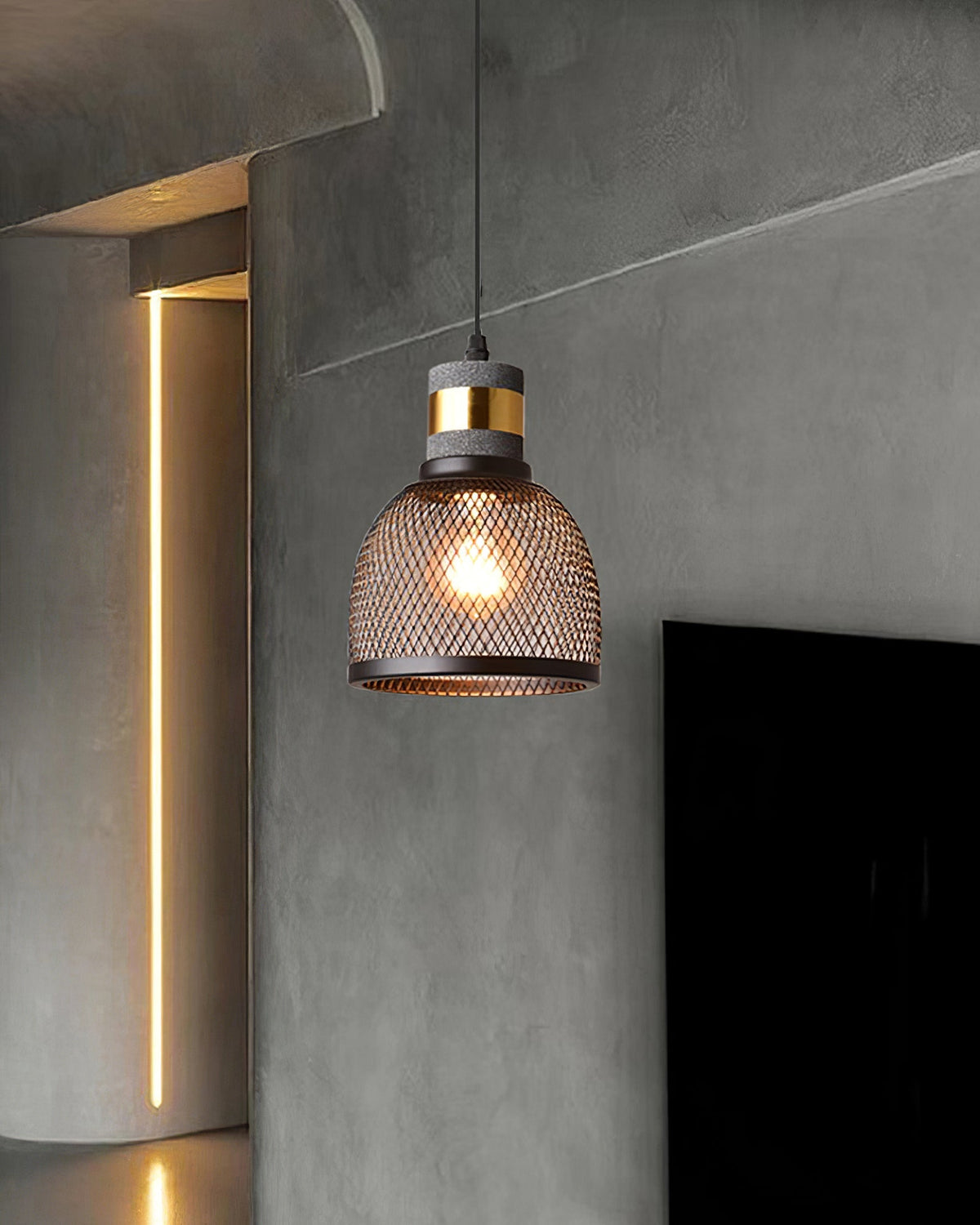 Urban Concrete Industrial Pendant Light – Cement & Perforated Metal LED Hanging Lamp for Kitchen Island, Dining & Bar